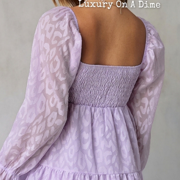 SOLD OUT at LUXONADIME.COM Leopard Dress Purple Sheer Long Sleeve Babydoll Mini - Picture 4 of 12